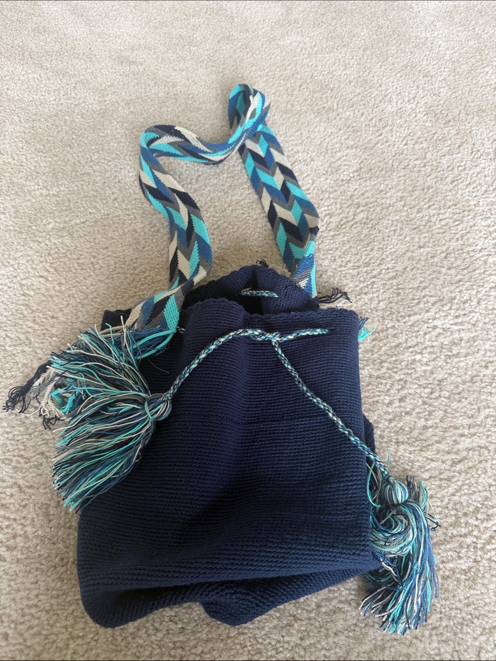 Navy Drawstring Bucket Bag with Turquoise Accent